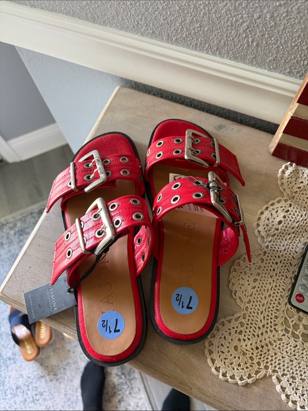 G by Guess Red Double-Buckle Slide Mules